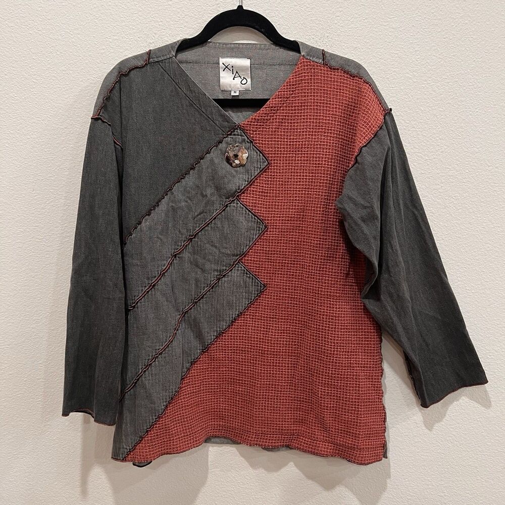 Xiao Lagenlook Contemporary Gray Red Cotton Trapeze Top Shirt Blouse Art To Wear